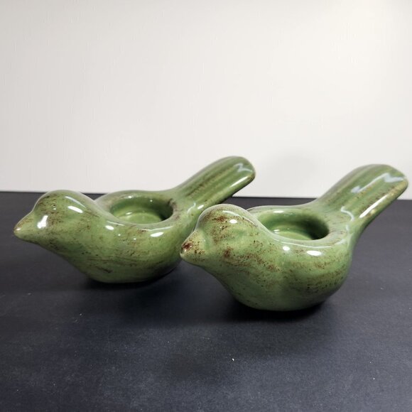 Ceramic Bird Candle Holder Tea Light Jade Green with Flecks of Brown Set Of 2 - Picture 1 of 9